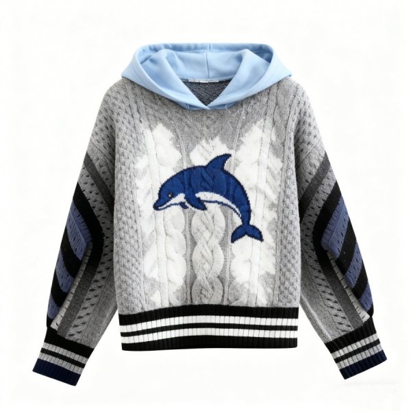 Gray & Blue Cable-Knit Hoodie with Dolphin Design
