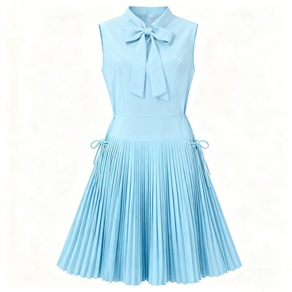 Light Blue Sleeveless Drawstring Pleat Dress