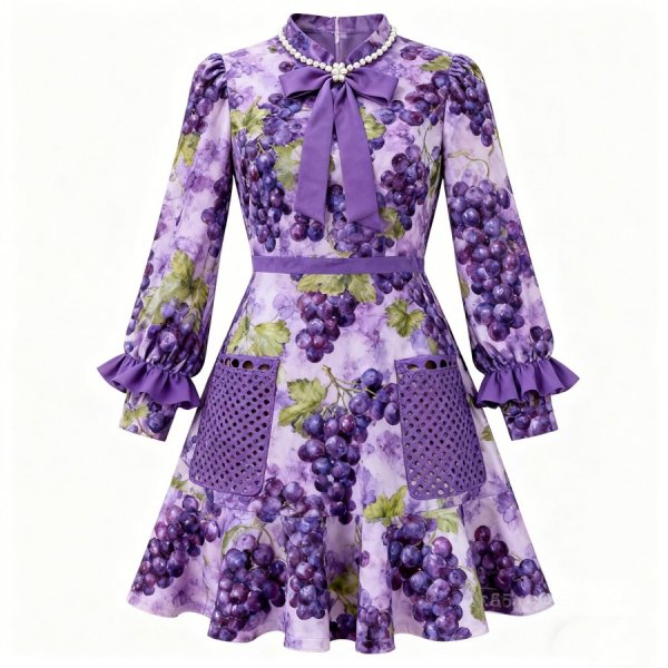 Purple Grape Print Ruffle Dress