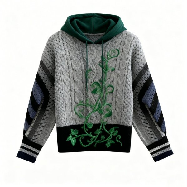 Gray Cable-Knit Hoodie with Green Vine Embroidery