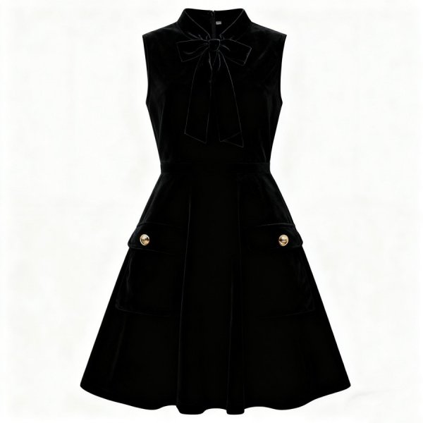 Black Velvet Sleeveless Bow Dress
