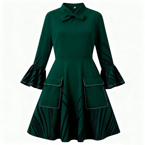 Emerald Green Flared-Sleeve Dress