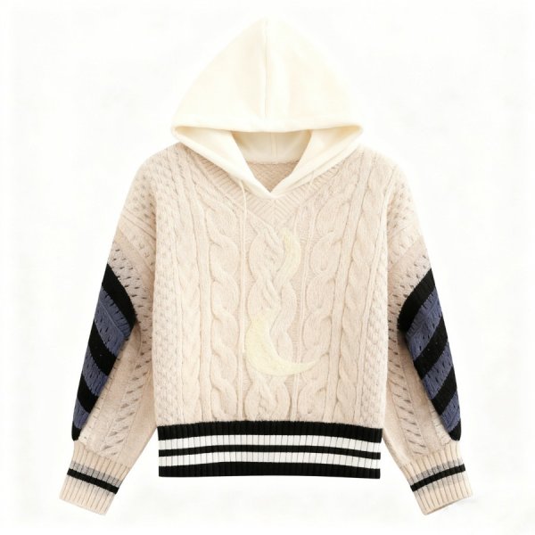 Cream Cable-Knit Hoodie with Moon Embroidery