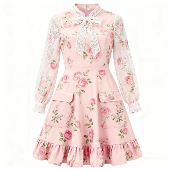 Pink Rose Lace-Sleeve Dress
