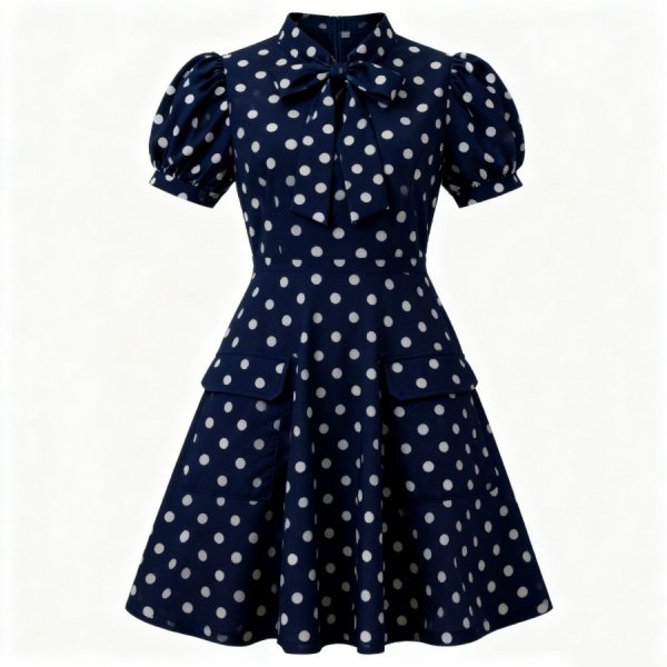 Navy Polka Dot Puff-Sleeve Dress