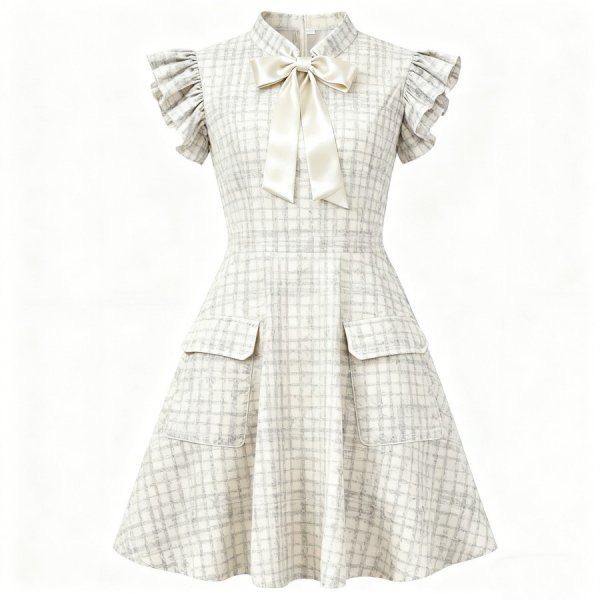 Beige Checkered Ruffle-Sleeve Dress