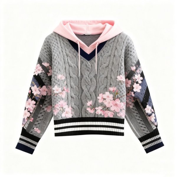 Gray Cable-Knit Hoodie with Cherry Blossom Embroidery