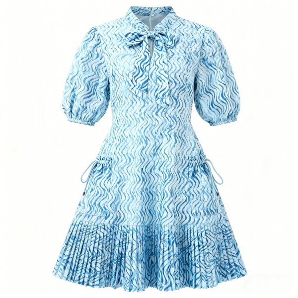 Blue Wave Print Ruched Dress