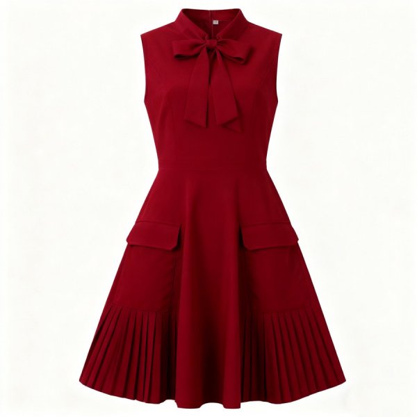 Burgundy Sleeveless Pleated Skirt Dress