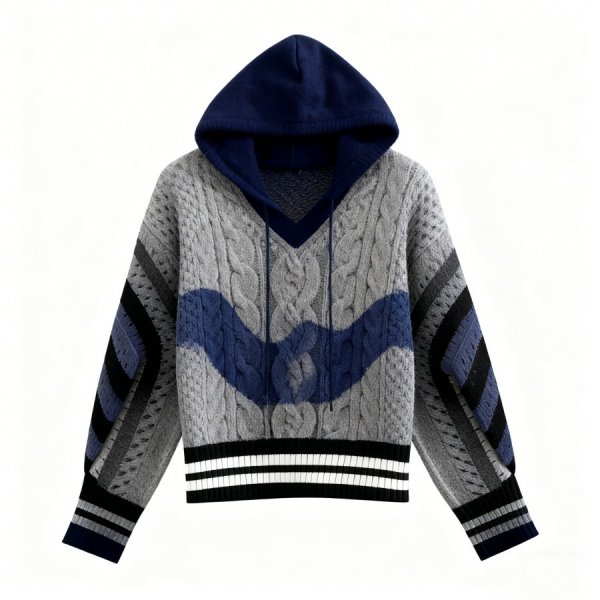 Gray & Navy Cable-Knit Hoodie with Wave Design