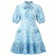 Blue Wave Print Ruched Dress