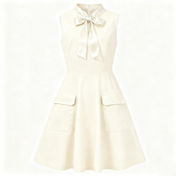 Cream Sleeveless Satin Bow Dress