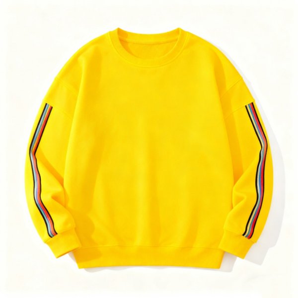 Yellow Crew Neck Sweatshirt with Rainbow Sleeve Stripes