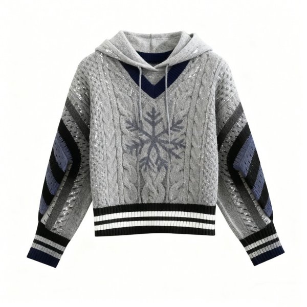 Glitter Gray Cable-Knit Hoodie with Snowflake Design