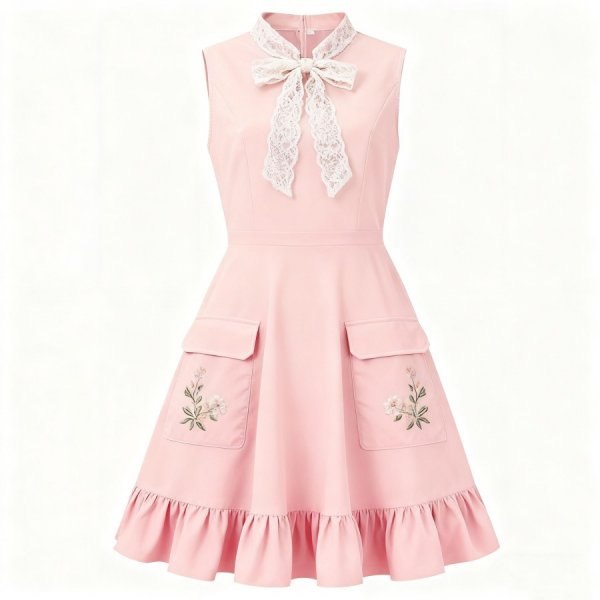 Pink Sleeveless Lace Bow Dress