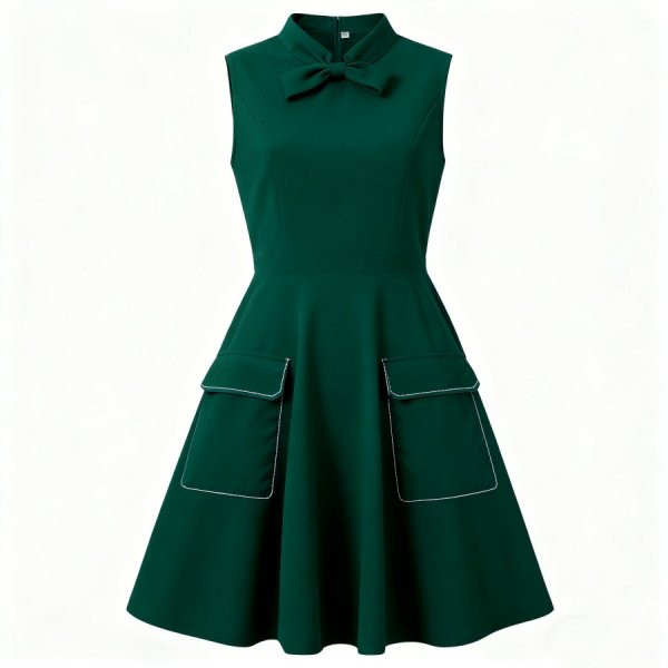 Green Sleeveless Contrast-Stitch Dress