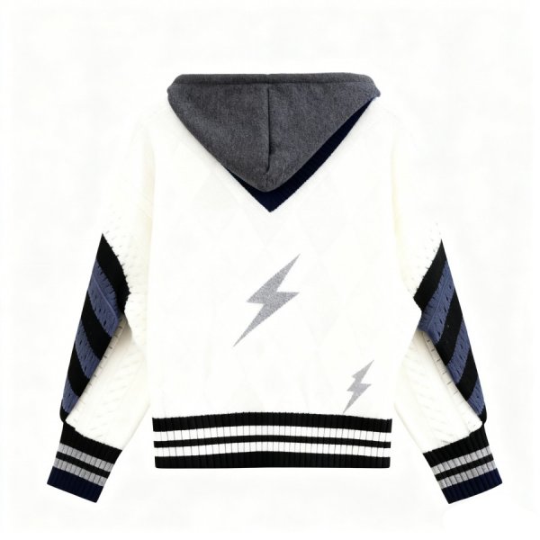 White Cable-Knit Hoodie with Lightning Bolt Accents
