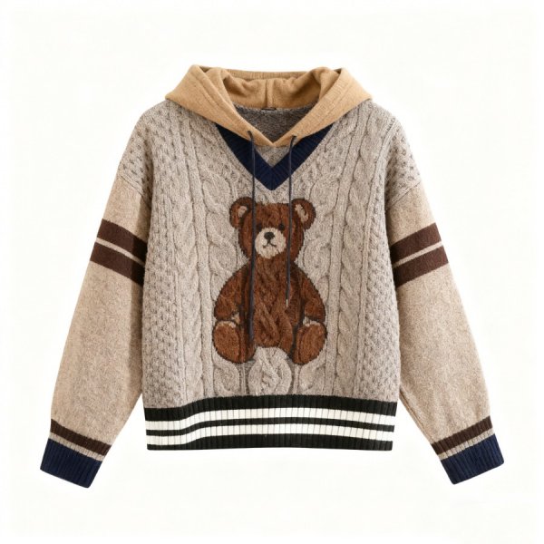 Beige Cable-Knit Hoodie with Teddy Bear Embroidery