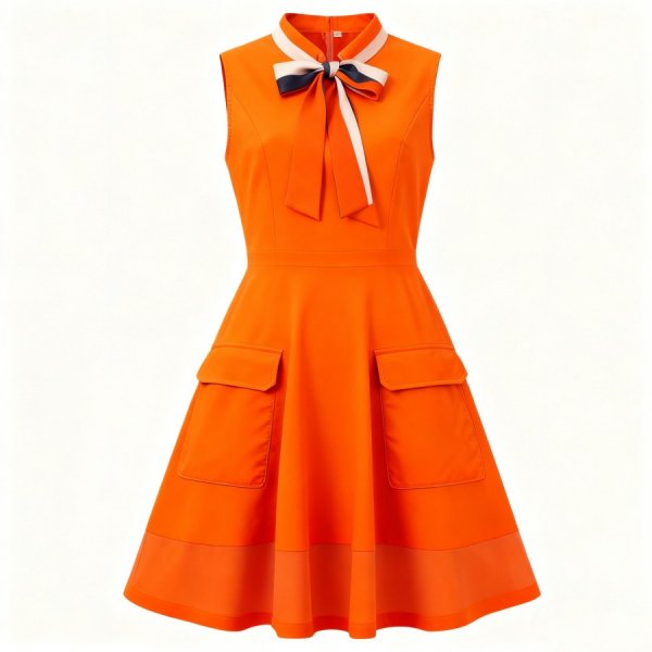 Orange Sleeveless Color-Block Bow Dress