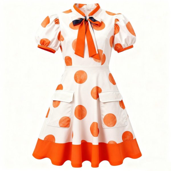 White & Orange Polka Dot Two-Tone Dress