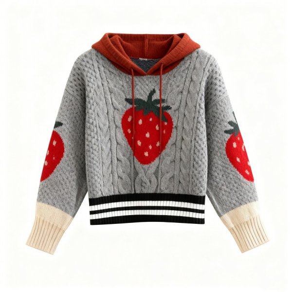 Gray Cable-Knit Hoodie with Strawberry Accents