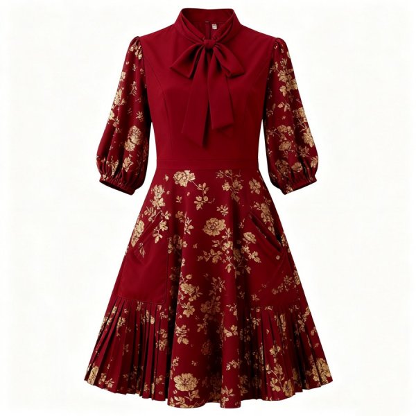 Burgundy & Gold Floral Bow Dress