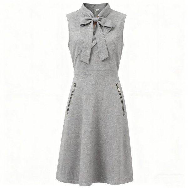 Gray Sleeveless Bow-Collar Dress
